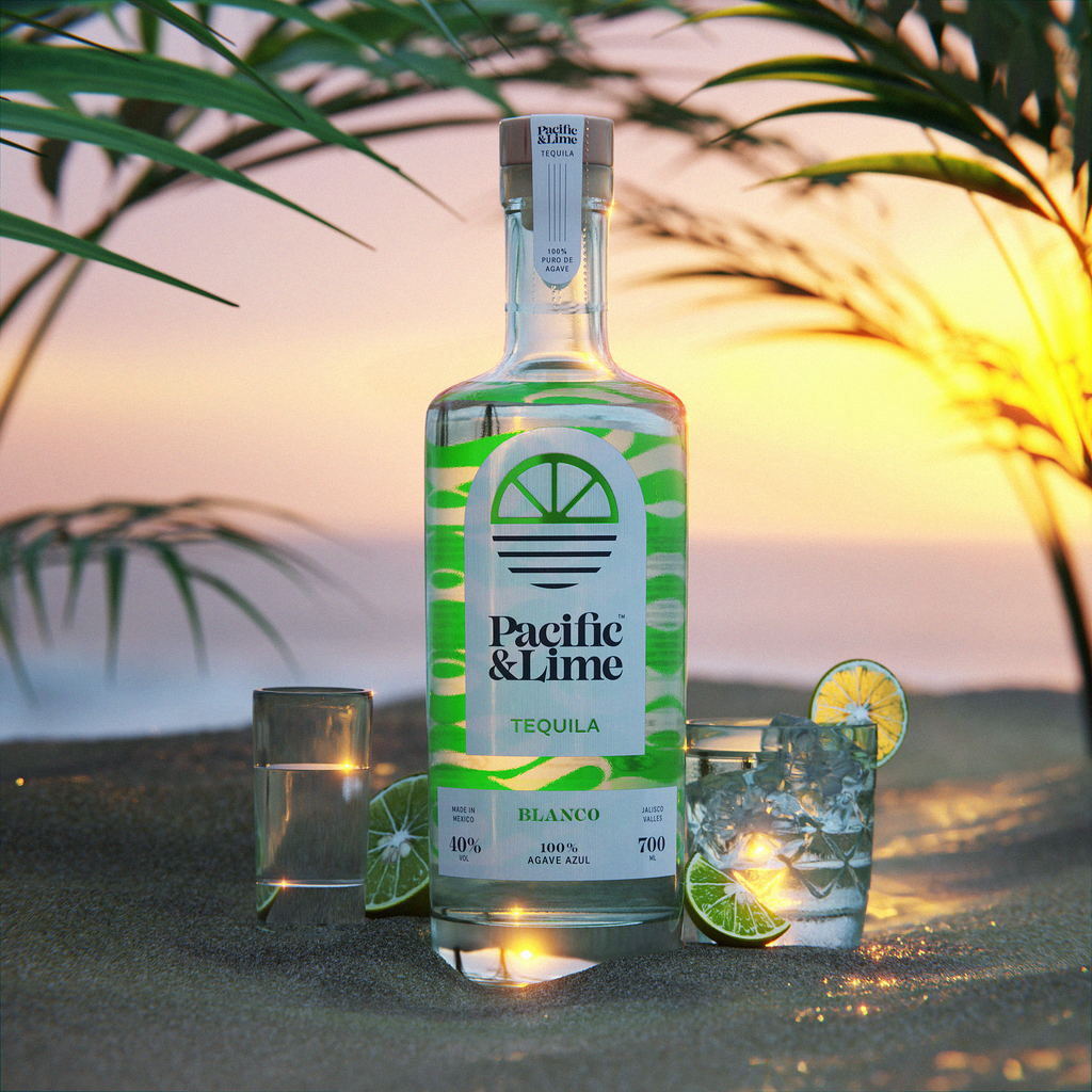 Pacific & Lime Tequila Blanco 100% Puro de Agave - Playa iluminada por el sol