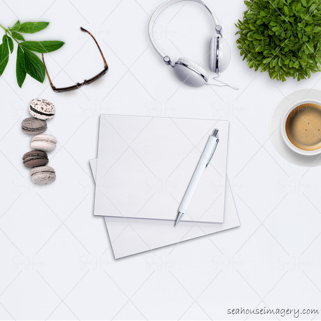 WM 6 Stock Photo Flatlay Styled Desktop Notepad Pen Green Coffee and Biscuits