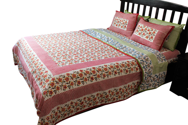 Floral Checker Print Red Green Blue Duvet Cover Set Hand Printed