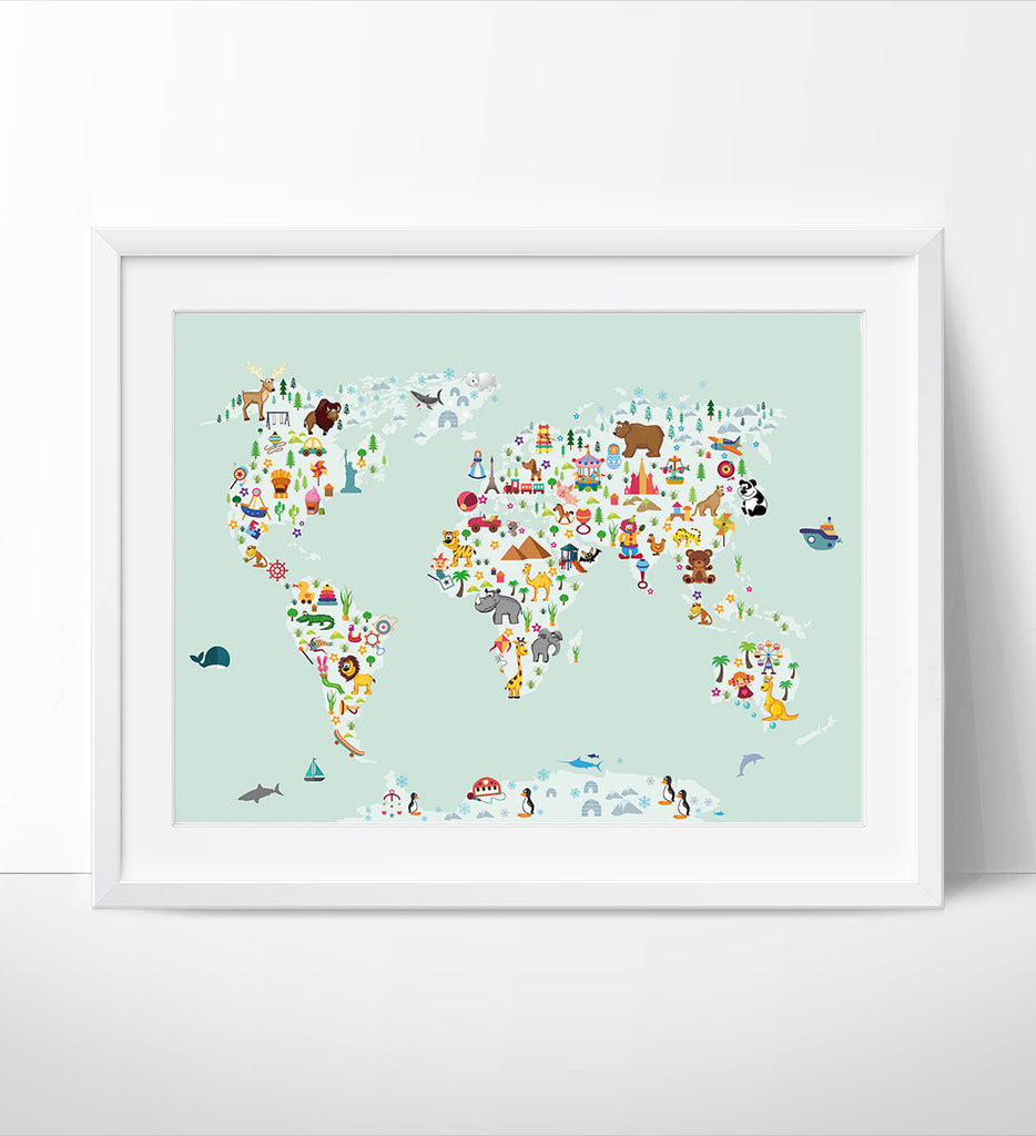 World Map Wall Art Kids Room Nursery Decor Animal World Poster Map Fine Art Center