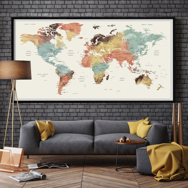 large wall art world map push pin print watercolor world