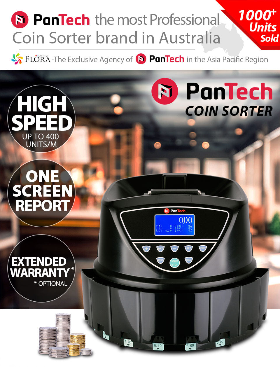 PanTech Australian Coin Sorter Coin Counter Machine Automatic Electronic PT-CSC-BLACK