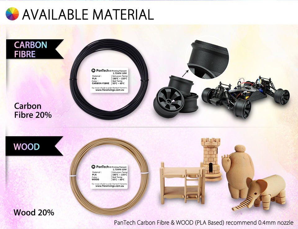 Available Material Carbon??
Fibre Carbon
Fibre 20% WOOD Wood 20% PanTech Carbon Fibre & WOOD (PLA Based) recommend 0.4mm nozzle