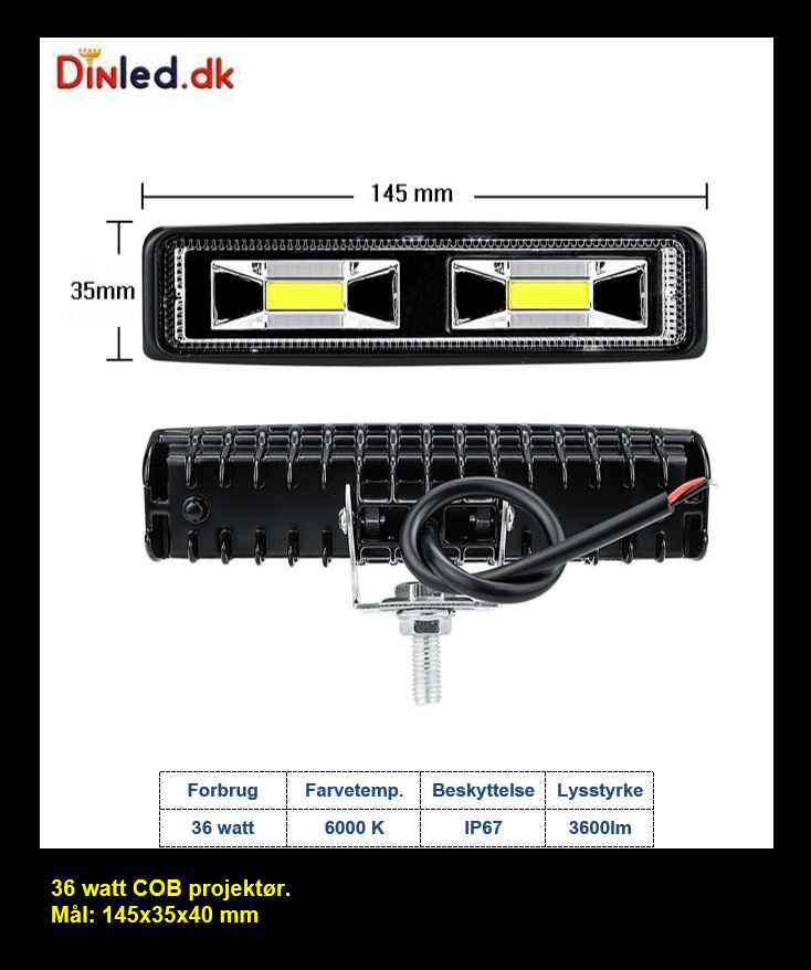 LED køretøjs projektør 36 watt COB 12/24 volt - Dinled - Køretøjs projektører