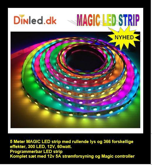 Billede af UDSALG - 5 meter, 12 volt, 60 watt, 300 LED, MAGIC LED strip - WS2811 - KOMPLET SÆT - Dinled - LED STRIP