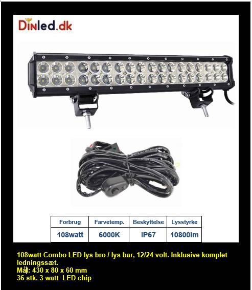 Se UDSALG - LED Lys bro / lys bar 108 watt 12/24 volt Combo - Dinled - Køretøjs projektører hos dinLED.dk