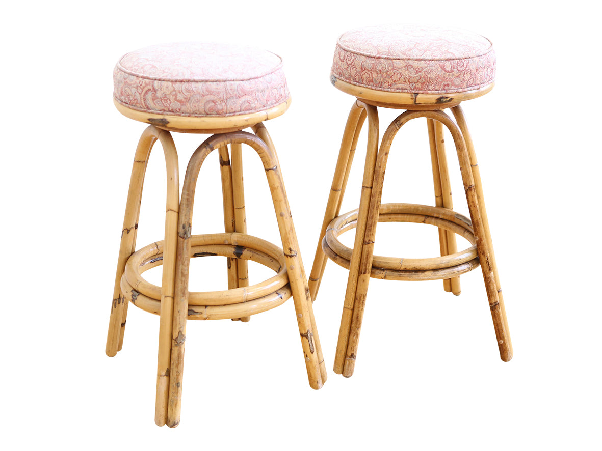 Vintage Boho Chic Rattan Bamboo Swivel Bar Stools Set Of 2