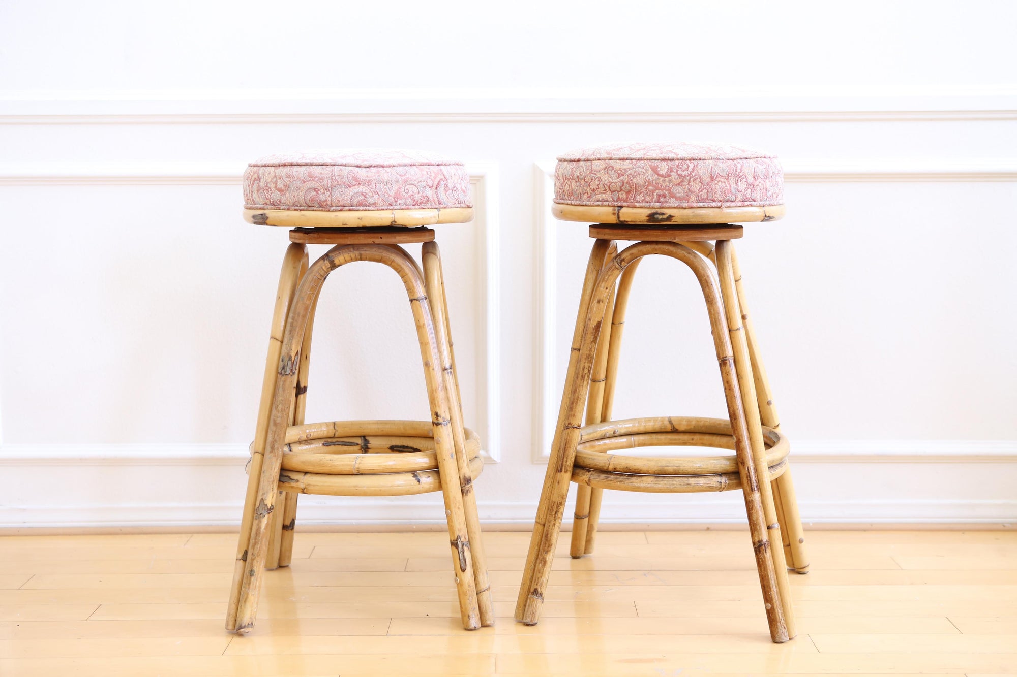 Vintage Boho Chic Rattan Bamboo Swivel Bar Stools Set Of 2