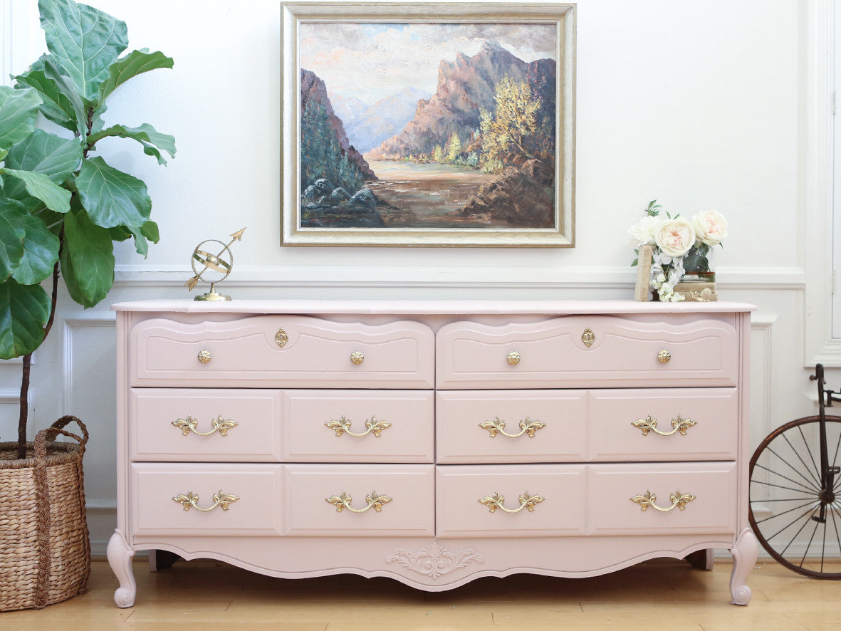 Vintage Shabby Chic Dresser Credenza With 6 Drawers In Baby Pink