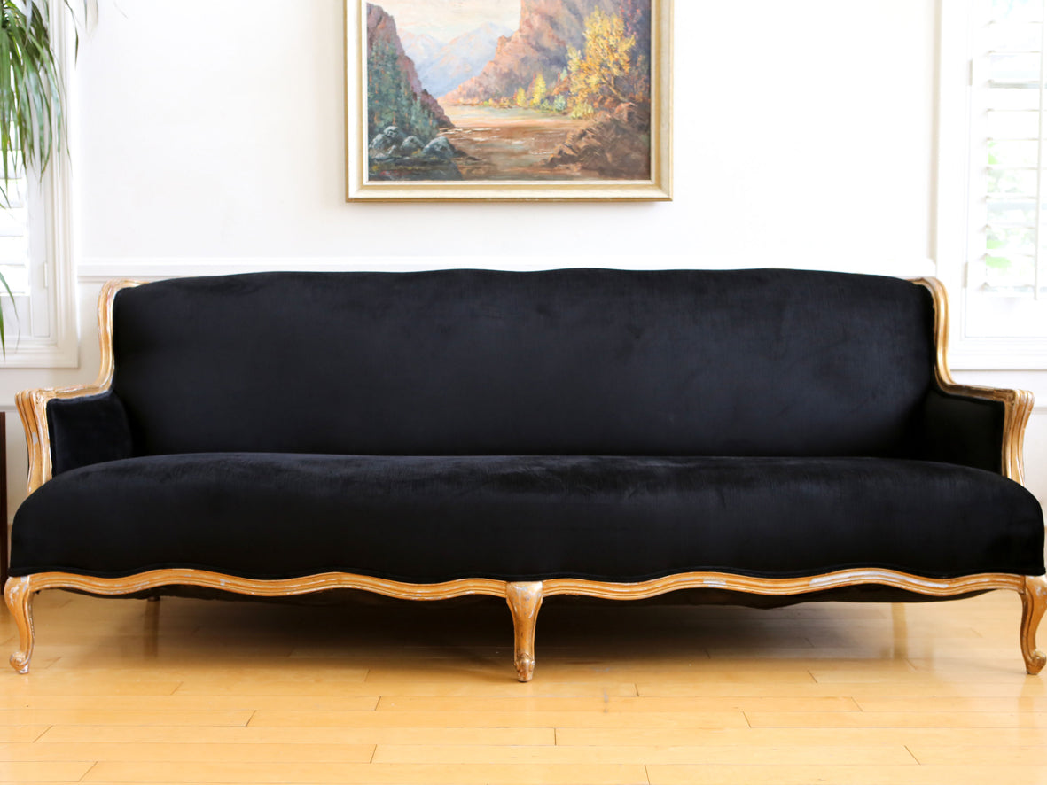 Vintage French Velvet Black Louis style Long Sofa Couch No 611