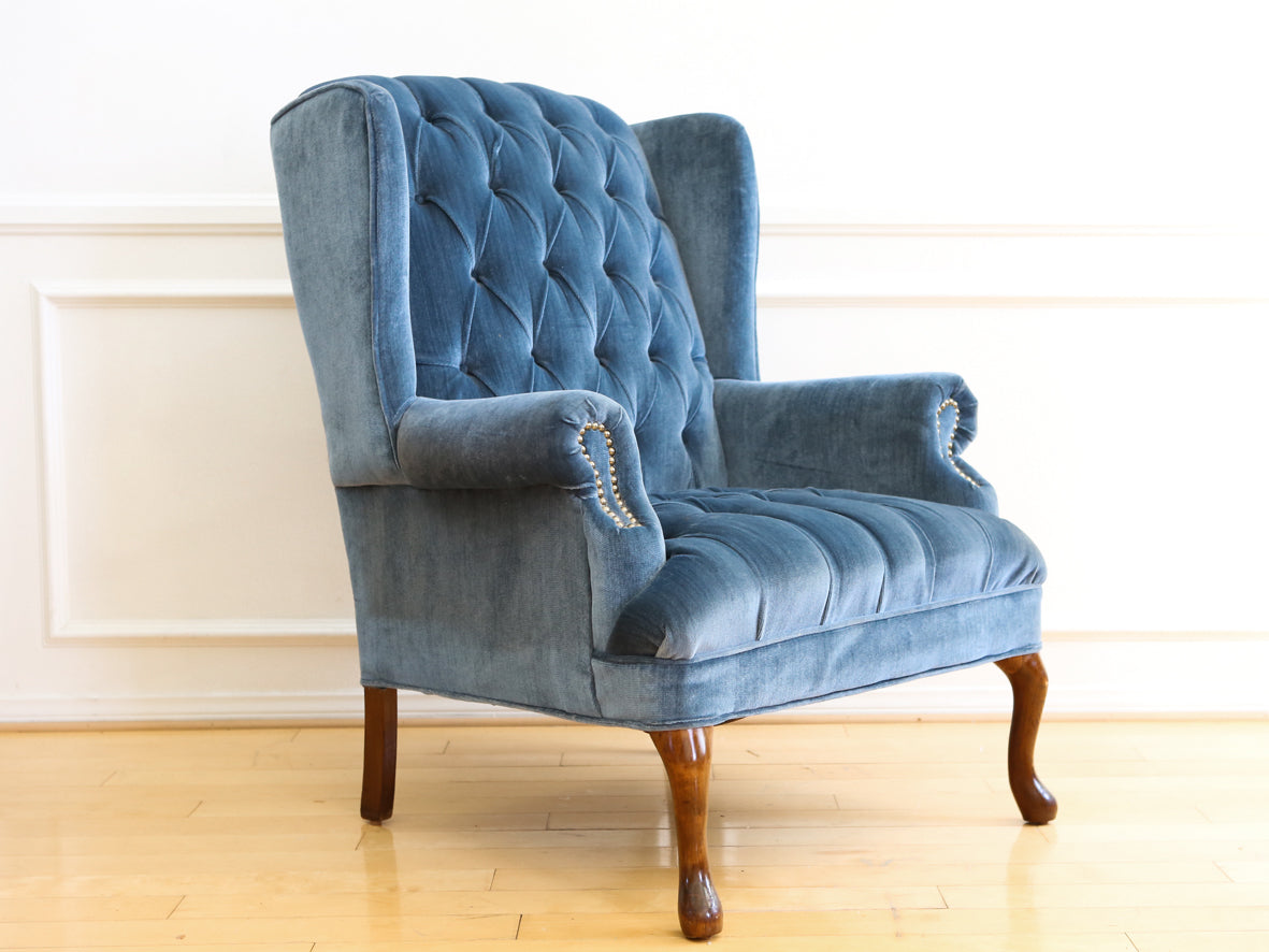 Vintage Blue Navy Tufted Velvet Wingback Chair No 630