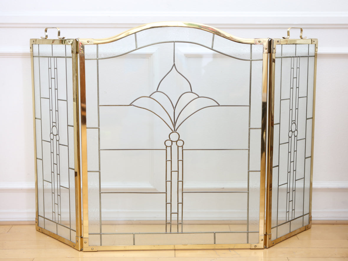 Vintage Hollywood Regency Brass Leaded Glass Folding Fireplace