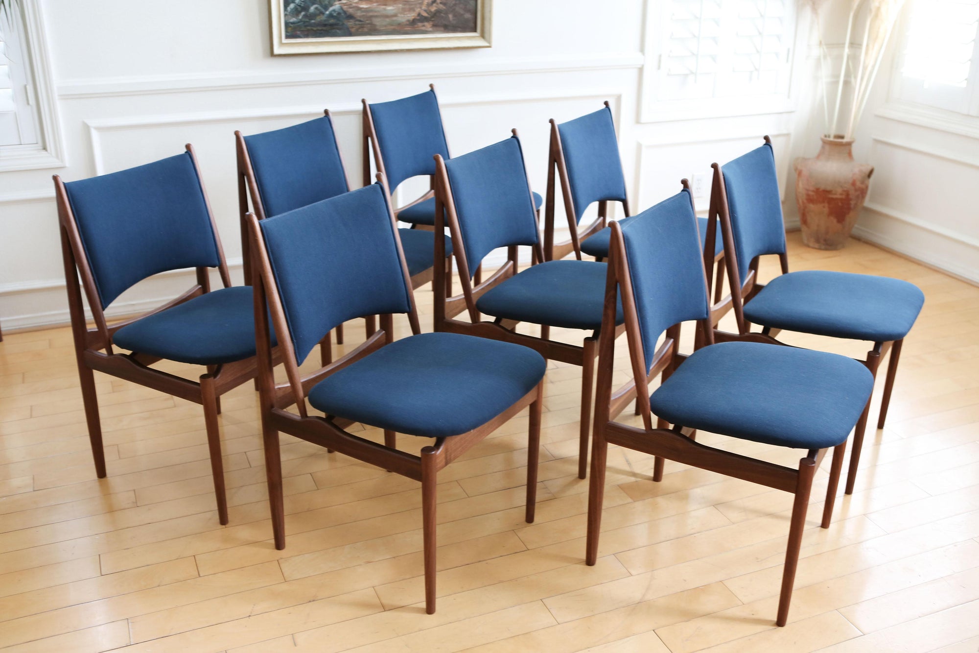 Mid Century Modern Teak Dining Chairs in Navy Blue - Set of 8 No 627 - ShopGoldenPineapple