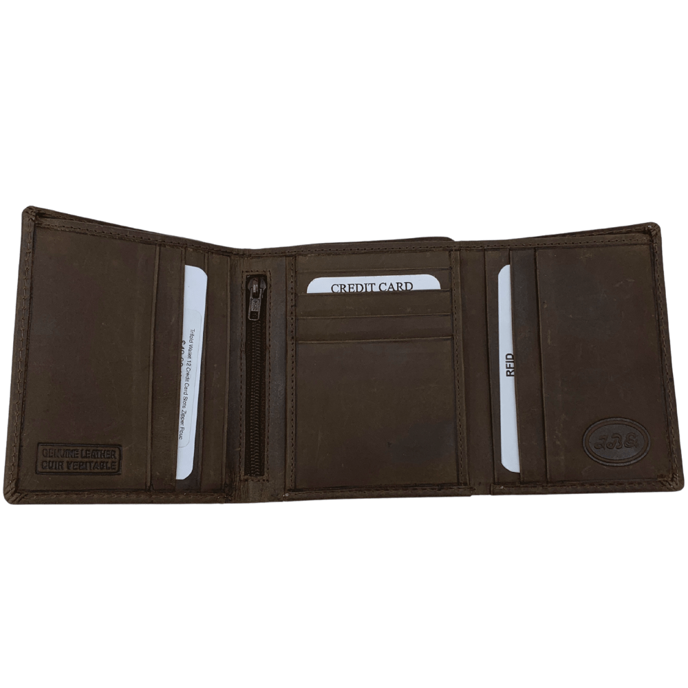 Trifold Wallet 12 Credit Card Slots Zipper Pouch with Genuine Leather - 8003 - Multi Colours