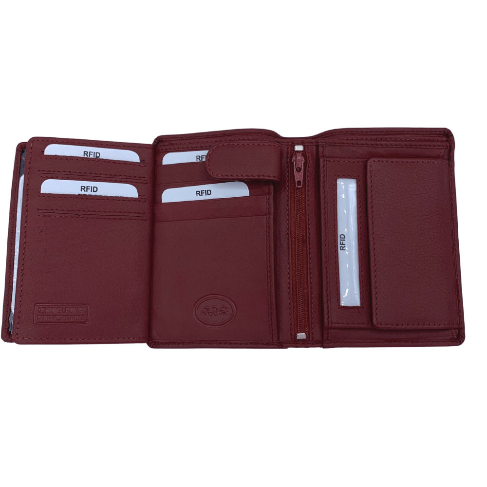 Red Bifold Wallet Featuring ID Window and Zipper Pouch Made with Genuine Leather - 1009C