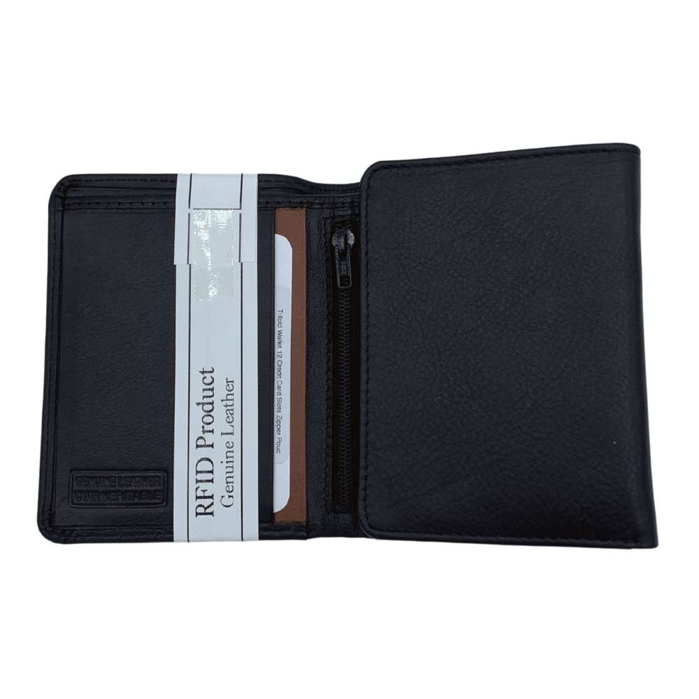 Trifold Wallet 12 Credit Card Slots Zipper Pouch with Genuine Leather - 8003 - Multi Colours