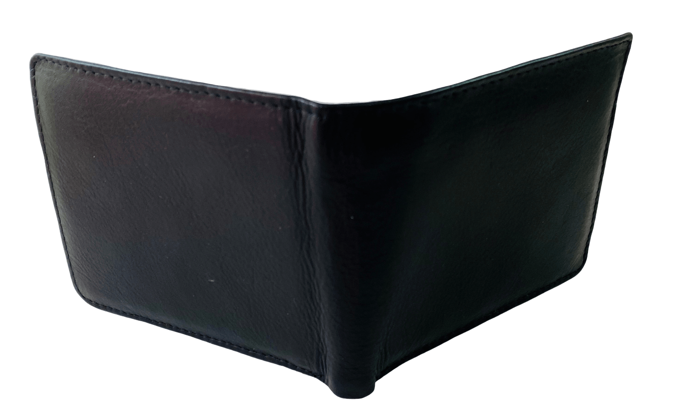 Black Bifold Wallet Featuring Snap Closure Coin Pouch Made with Genuine Leather