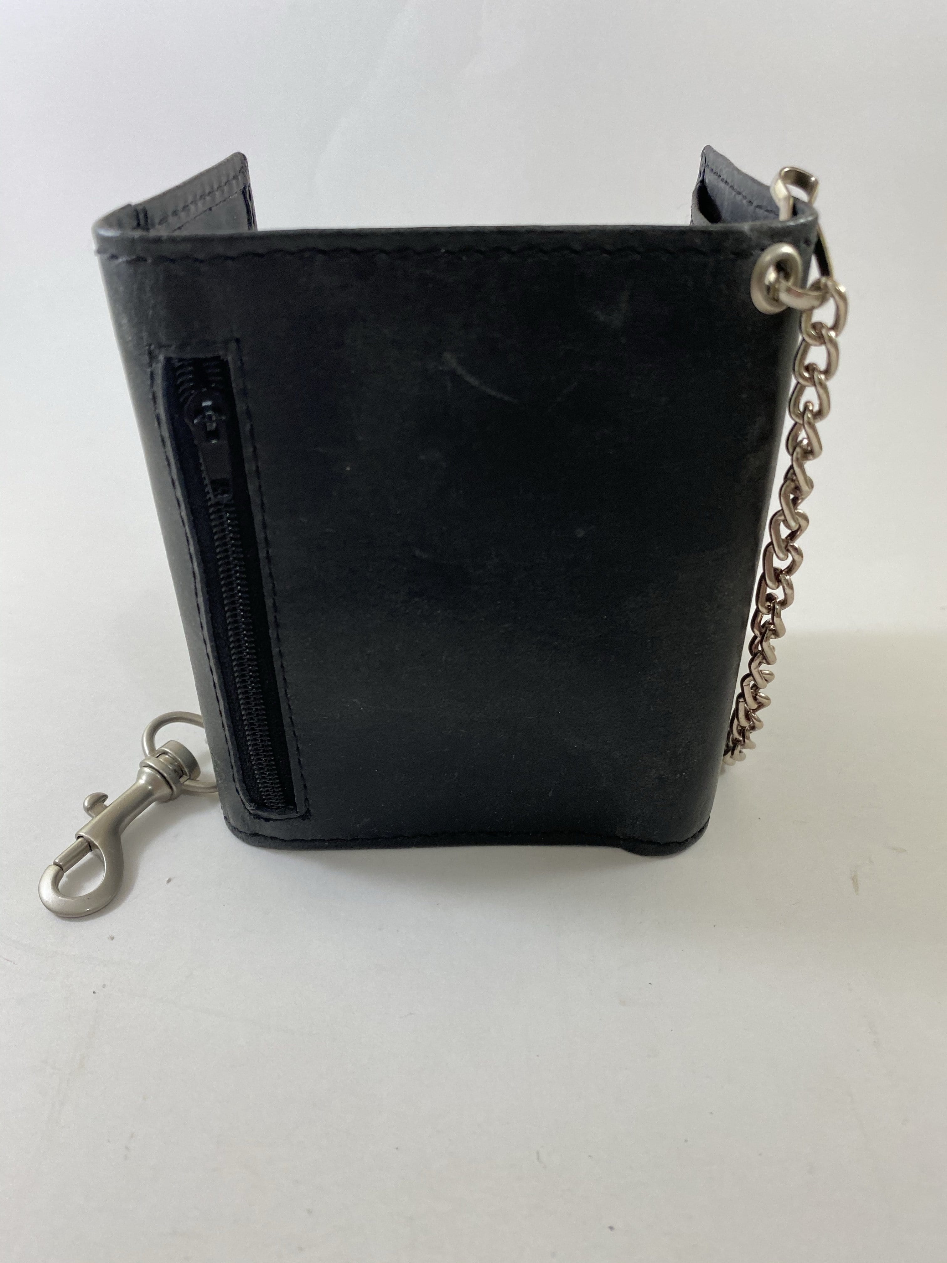 Black Suede Trifold Wallet Featuring Snap Closure Coin Pouch and Chain Made with Genuine Leather