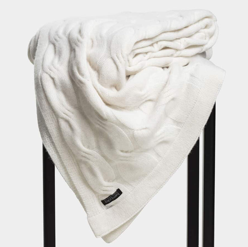 Bemboka cashmere throw in chunky cable knit design in natural off white colour