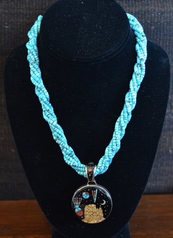 Native American Jewelry : Navajo : Necklace - Turquoise beads, Night Sky Over Shiprock 2 sided pendant : Ervin P Tsosie : NAJ-N21 - Getzwiller's Nizhoni Ranch Gallery