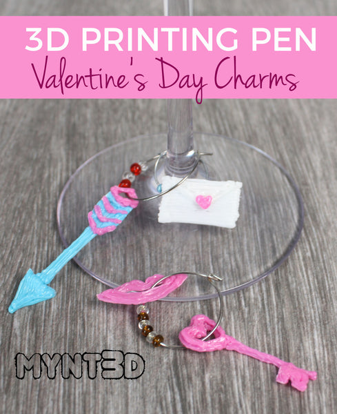 Valentine theme wine glass charms made with a 3D printing pen perfect girlfriend gift or decoration - get the free downloadable template from MYNT3D