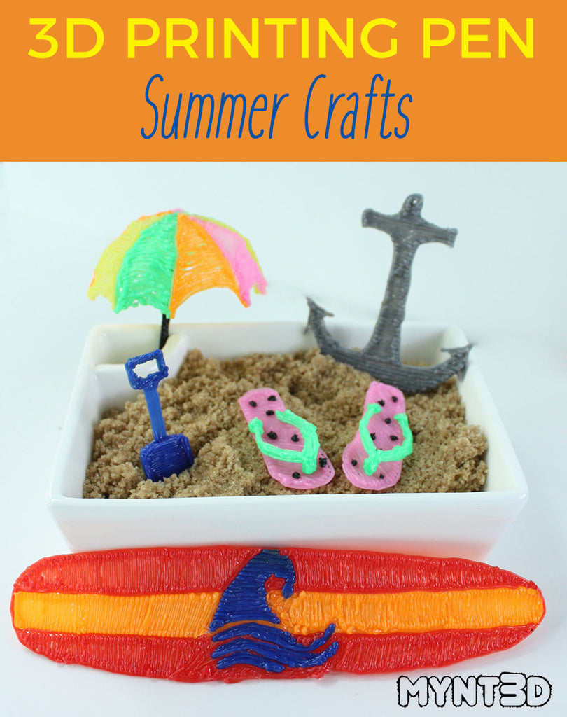 Summer crafts like boat anchor, surf board, beach umbrella, sand shovel, watermelon flip flops all made with the MYNT3D printing pen, go to the projects page on the website to download the free template