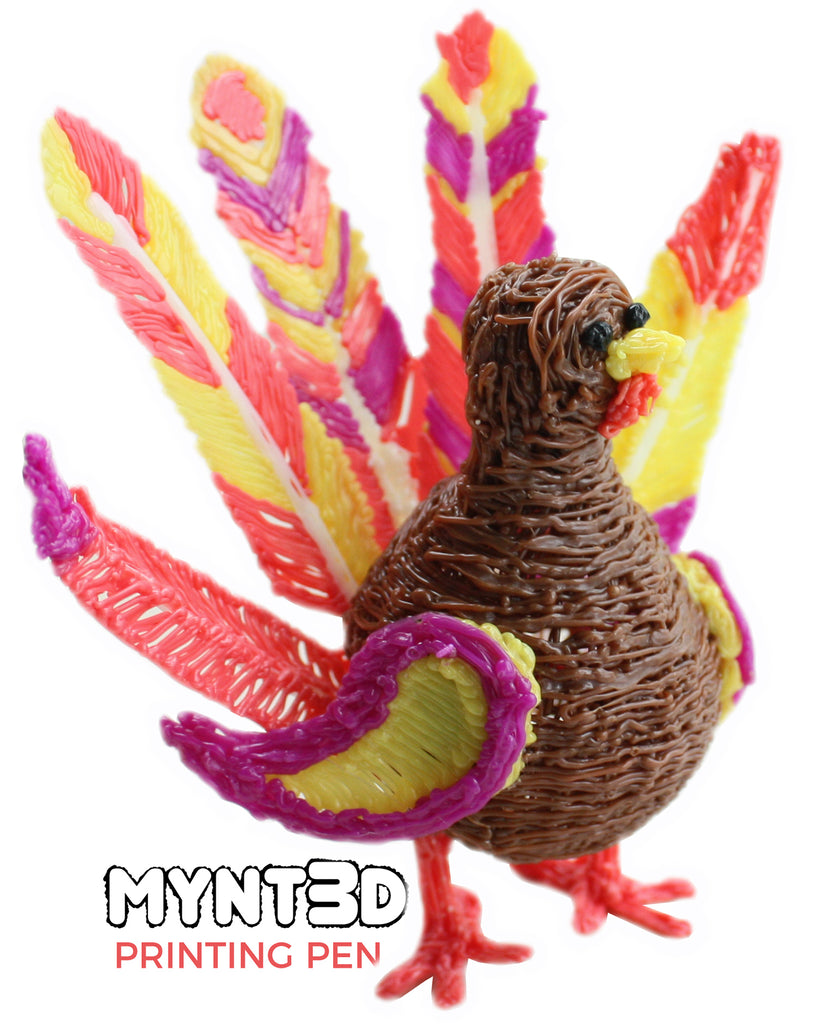 Create colorful DIY feather designs with a 3D printing pen. Get the free printable template from MYNT3D. Make beautiful holiday decorations for Fall, Thanksgiving and Easter. Best kids craft for learning to make art with a 3D pen.