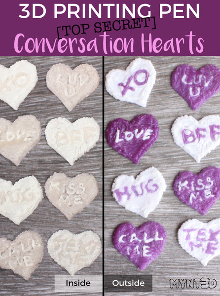 3D printing pen Valentines candy alternative conversation hearts that change colors when exposed to sunlight. Get all 5 3d pen project templates to made DIY decorations, classroom Valentines for students and gifts for friends from MYNT3D