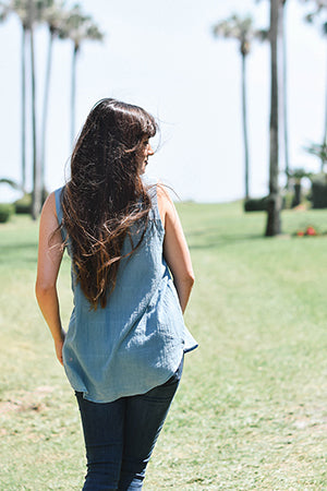 Natalie Kay Sustainably Chic with palm trees in ayurvedic indigo top