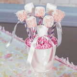 alt="pink marshmallow pop baby shower favour. marshmallows stuck on straws and rolled in sprinkles"