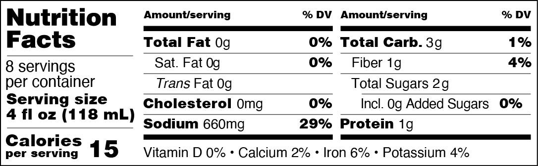 Original Bloody Mary Mix nutrition facts panel