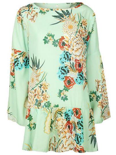 Green Floral Print Ruffle Hem Bell Sleeve Dress – chiclookcloset