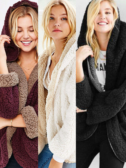 reversible fuzzy faux fur hooded coat