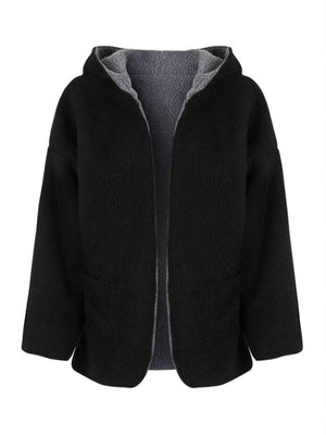 reversible fuzzy faux fur hooded coat