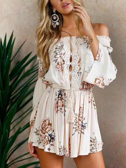 Polychrome Off Shoulder Tie Waist Flared Sleeve Romper Playsuit ...