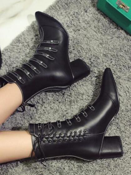 black pointed toe lace up boots