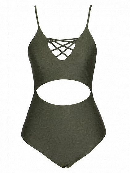 Army Green Strap Caged Open Belly One-piece Swimsuit – chiclookcloset