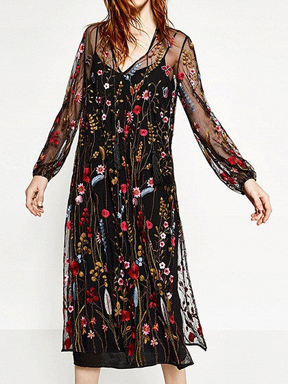 Black Long Sleeve Embroidery Floral Split Sheer Mesh Dress – chiclookcloset
