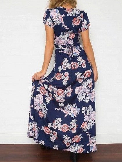 Navy Blue Wrap Floral Print Tie Waist Split Maxi Dress – chiclookcloset