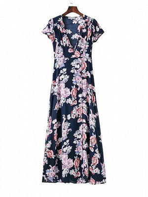 Navy Blue Wrap Floral Print Tie Waist Split Maxi Dress – chiclookcloset