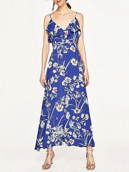 Blue Floral V-neck Ruffle Trim Spaghetti Strap Maxi Dress – chiclookcloset