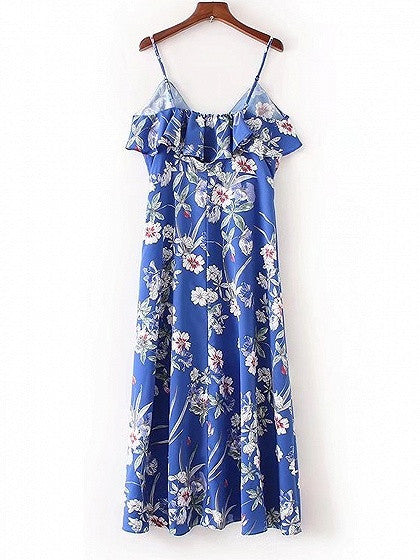 Blue Floral V-neck Ruffle Trim Spaghetti Strap Maxi Dress – chiclookcloset