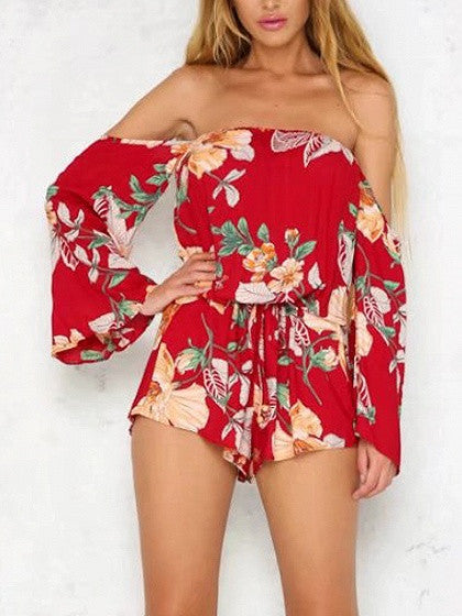 Red Floral Off Shoulder Tie Waist Long Sleeve Romper Playsuit ...