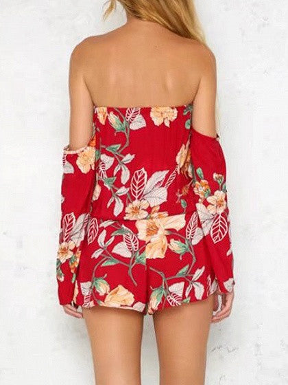 Red Floral Off Shoulder Tie Waist Long Sleeve Romper Playsuit ...