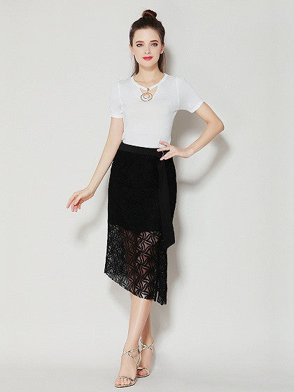 Black Lace Ring Belt Asymmetric Hem Split Midi Skirt – chiclookcloset