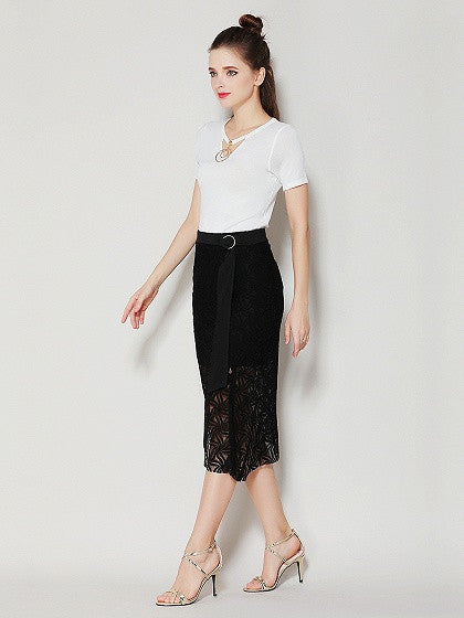 Black Lace Ring Belt Asymmetric Hem Split Midi Skirt – chiclookcloset