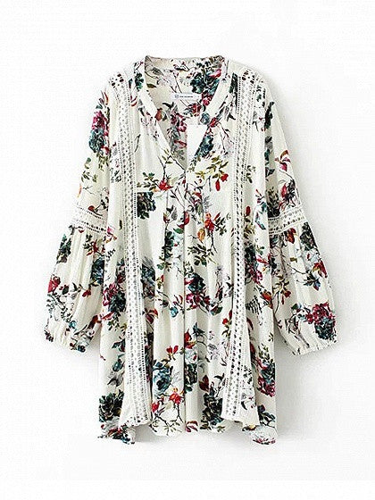 White Floral V-neck Lace Panel Blouson Sleeves Mini Dress – chiclookcloset