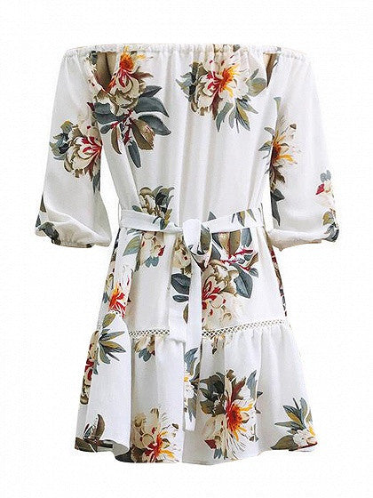 White Floral Print Off Shoulder Cut Out Ladder Trim Skater Dress ...