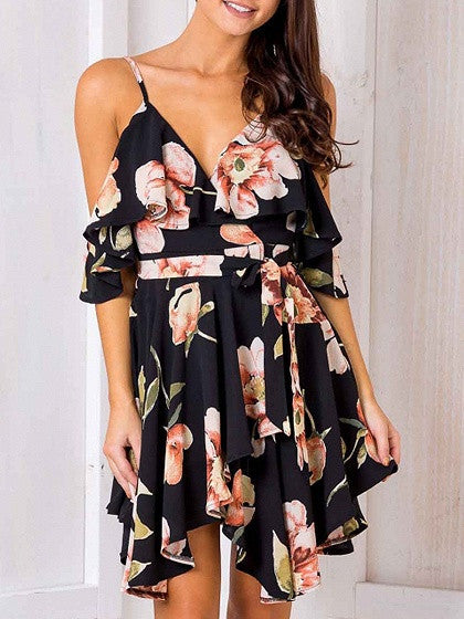 Black Cold Shoulder Ruffle Floral Print Asymmetric Cami Dress ...