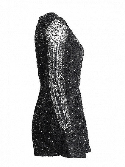 Black V Neck Sequin Lace Flare Sleeve Romper Playsuit – chiclookcloset